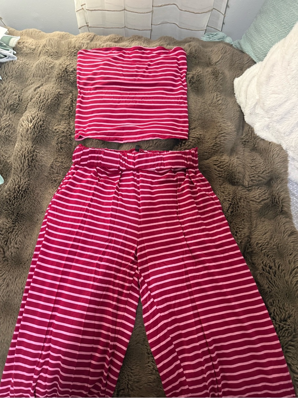 Girls Pink Striped Long Tube Top Wide-Leg Bottoms Set